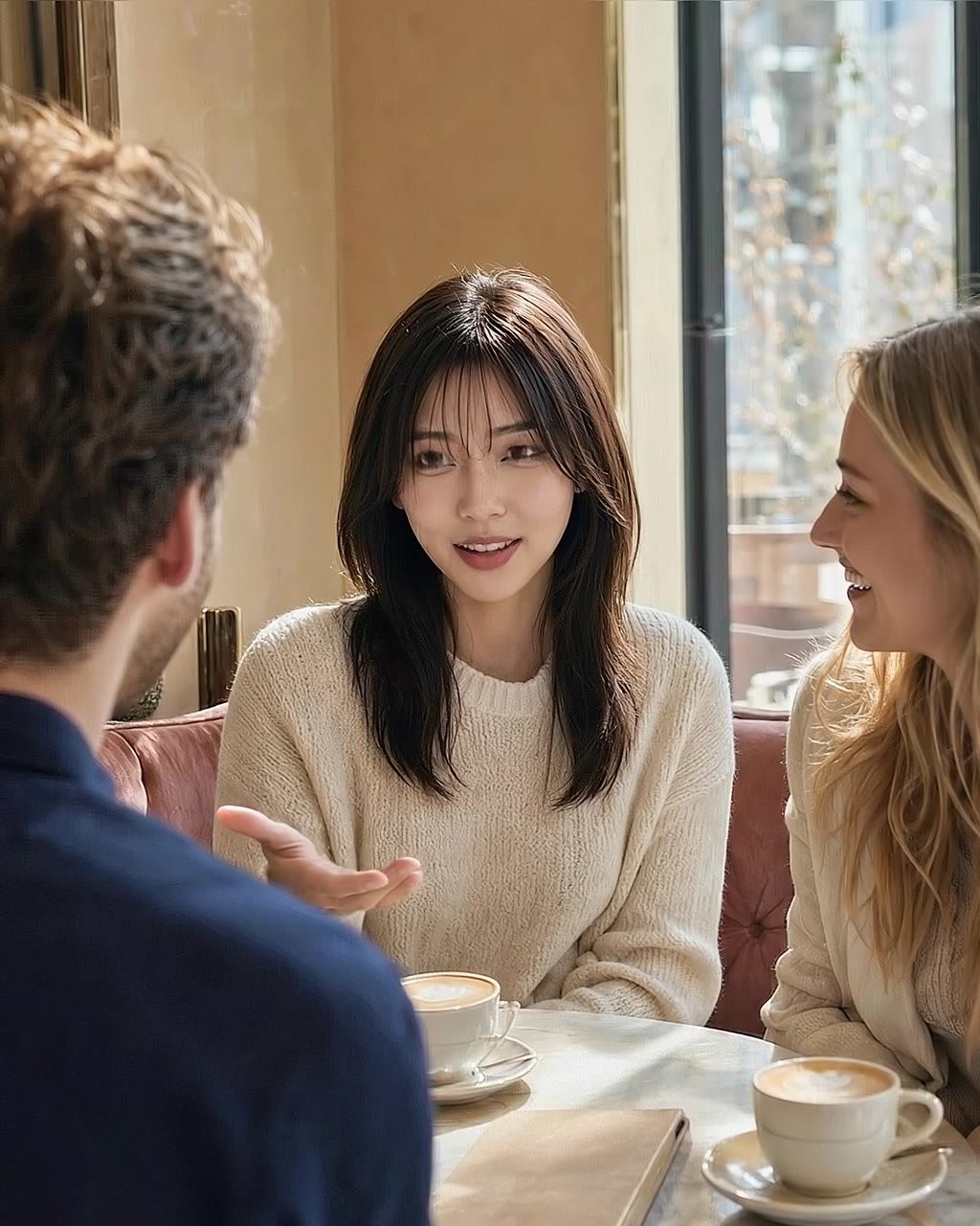 カフェで外国人の友人と英語で談笑する女性