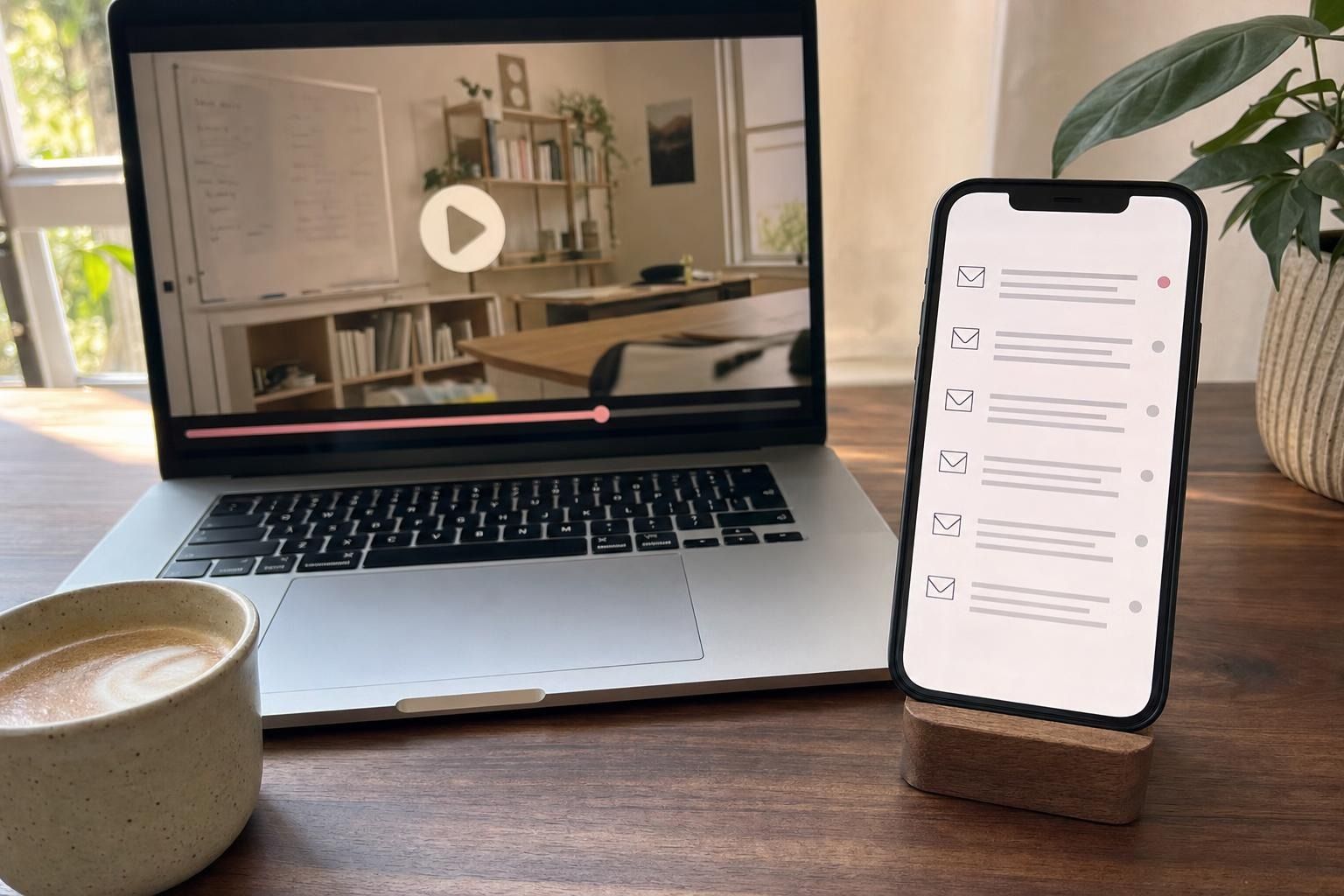 動画レッスンを再生中のノートパソコンと、メールの受信画面を表示したスマートフォン