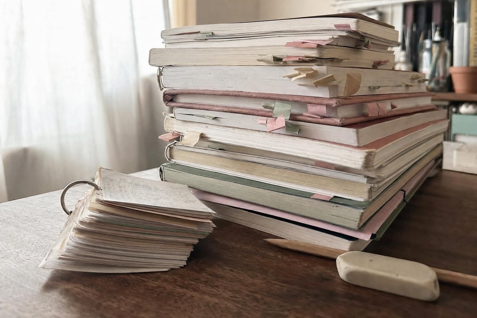 付箋だらけの単語帳と文法書の山
